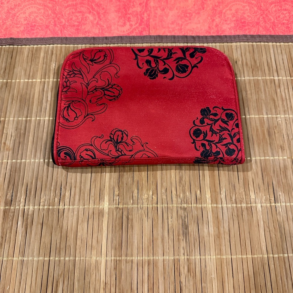 Swoosh Jewelry Travel Bag – Red Metallic Floral, Velvet Interior, 8"x5.5"